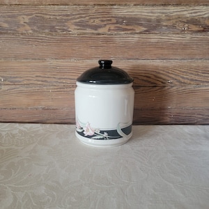 Vintage Ceramic Canister, Black and Cream with Pink Flowers, Vintage Kitchen Decor, Tea or Coffee Canister