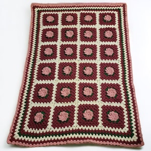 Vintage Pink and Maroon Crocheted Throw Blanket Pink Flowers Hand Knit Granny Square Afghan Bedroom Decor 50&quot;x 36&quot;