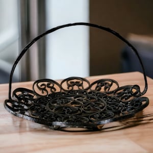 Vintage Black Wrought Iron Fruit Basket Footed Mid Century Scrolled Design 10&quot; Wide Hammered Edges Handle Kitchen Table Decor