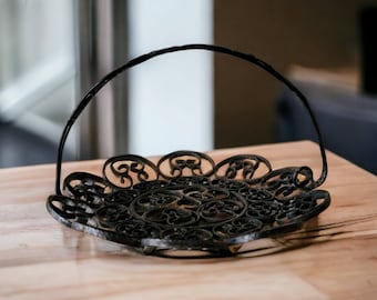 Vintage Black Wrought Iron Fruit Basket Footed Mid Century Scrolled Design 10" Wide Hammered Edges Handle Kitchen Table Decor
