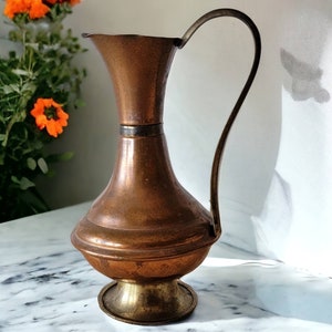 Small Copper and Brass Pitcher Water Jug Vintage Mid Century Shelf Decor Home Decor Collectible 6 1/2&quot; Tall