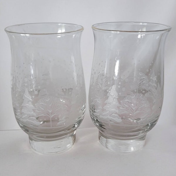 Vintage Libbey Christmas Drinking Glasses Snow Covered Trees Clear With Frost Hurricane Shaped Tumblers Set of Two Gold Trim Holiday Cups