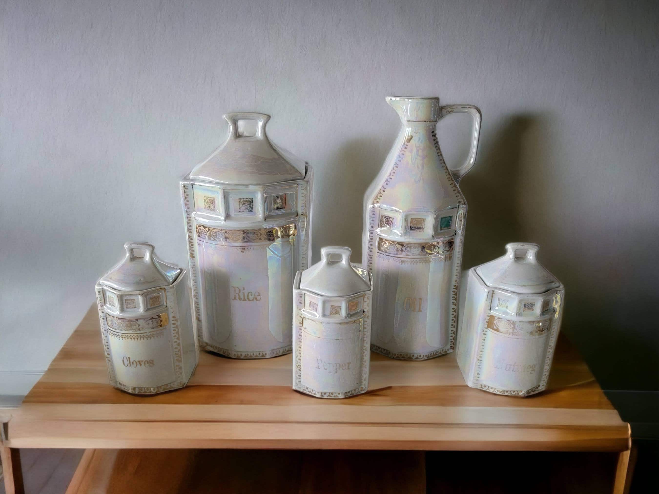 Six Piece White Block Germany Lusterware Spice Jars, Pearlescent