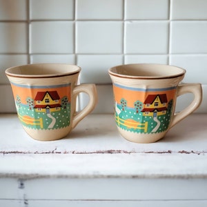 Set of 2 Farm Tea Cups Coffee Mug Off White With Cows Barn Duck Chickens Apple Trees Shenxiana, China Vintage Ceramic Country Home Unique
