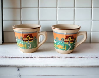 Set of 2 Farm Tea Cups Coffee Mug Off White With Cows Barn Duck Chickens Apple Trees Shenxiana, China Vintage Ceramic Country Home Unique