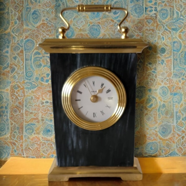 Quartz Black Marble and Gold Brass Carriage Clock Non Working Taiwan Precision Quartz Shelf Mantle Clock Vintage Collectible