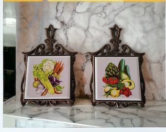 Pair of Prince Ceramic Cast Iron Vegetable Trivets Vintage Country Home Farmhouse Decor Ceramic Tiles 1980s Made in Taiwan Kitchen Decor