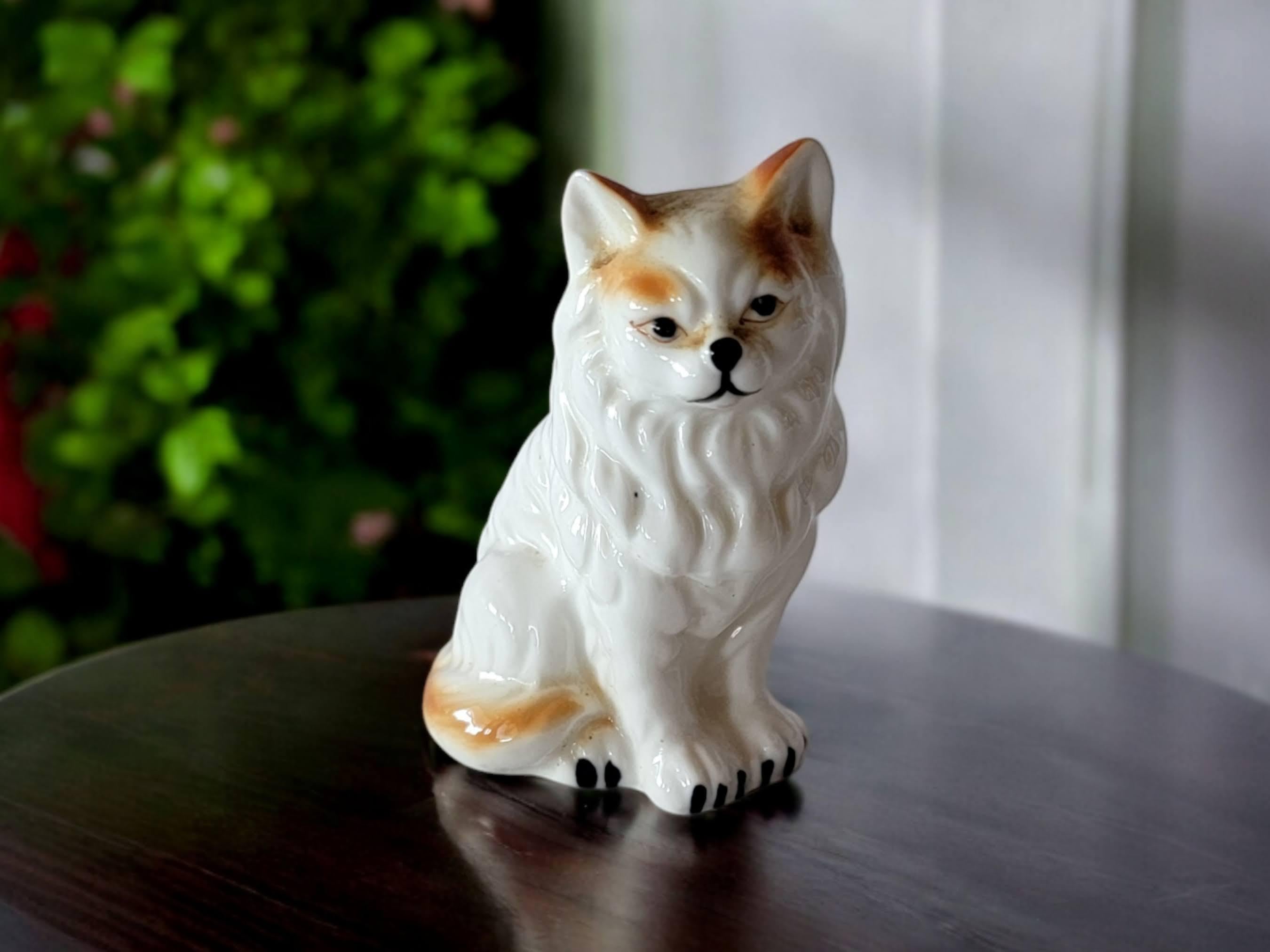 Bone China Cat Figurine Long Hair White and Orange Small Vintage