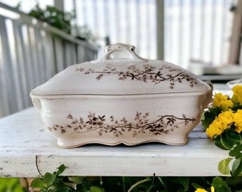 Glasgow Ironstone China Warranted Baking Dish Antique Vegetable Serving Tray Transferware Piece Brown Thistles and Leaves Lidded Collectible