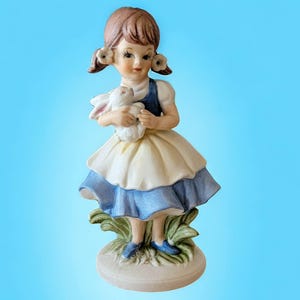 Vintage Napco Little Girl Figurine Wearing Blue Dress Holding A White Bunny Ceramic Small Statue Collectible Made in Japan Interior Decor
