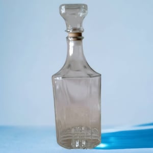 Vintage Glass Square Decanter With Ribbed Sides Collectible Clear With Corked Stopper Liquor Barware *Small Chip on Stopper* Whiskey Wine