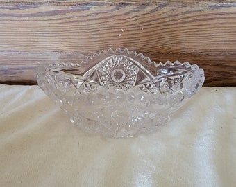 Oval Pressed Glass Bowl Hobstar Pattern Scalloped on Sawtooth Rim Bowl Vintage Crystal Bowl Candy Dish