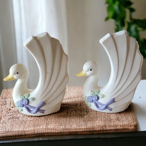 Vintage White Ceramic Swan Salt and Pepper Shaker Set Lavender and Green Flowers Matte Finish Novelty Collectible 1980s Table Decor Taiwan