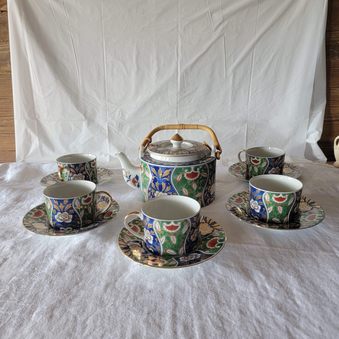 OMC Japanese Tea Set, 12 Pience Set, 1 OMC Tea Pot W/ Bamboo Handle, 5