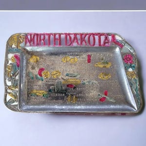North Dakota Souvenir Cast Metal Tray/Ashtray Vintage Silver Toned Landmarks Unique Collectible Mid Century Decorative Made in Japan