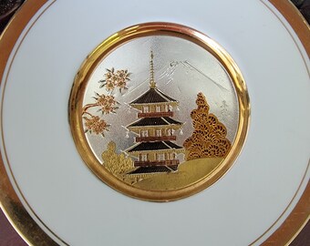 The Art of Chokin' 7-3/4" Decorative Plates Gilded With Gold and Silver "Pagoda & Volcano Mountain and Bald Eagle Mountains Set of 2!