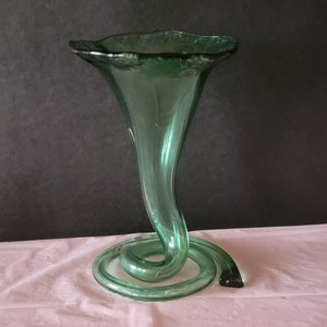 Green Hand Blown Glass Tulip Vase Spiral Coil Base 7x5 inches Flower Vase Unique Glass Vase Vintage Home Decor Table Decor