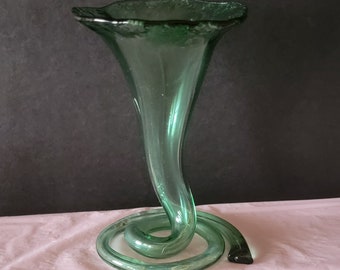 Green Hand Blown Glass Tulip Vase Spiral Coil Base 7x5 inches Flower Vase Unique Glass Vase Vintage Home Decor Table Decor