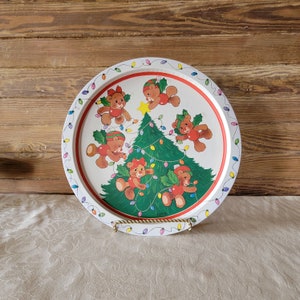 Vintage Christmas Tin Cookie Tray, Flying Bears Decorating Christmas Tree, Pathfinder Christmas Cookie Tray, Unique Christmas Tin Tray