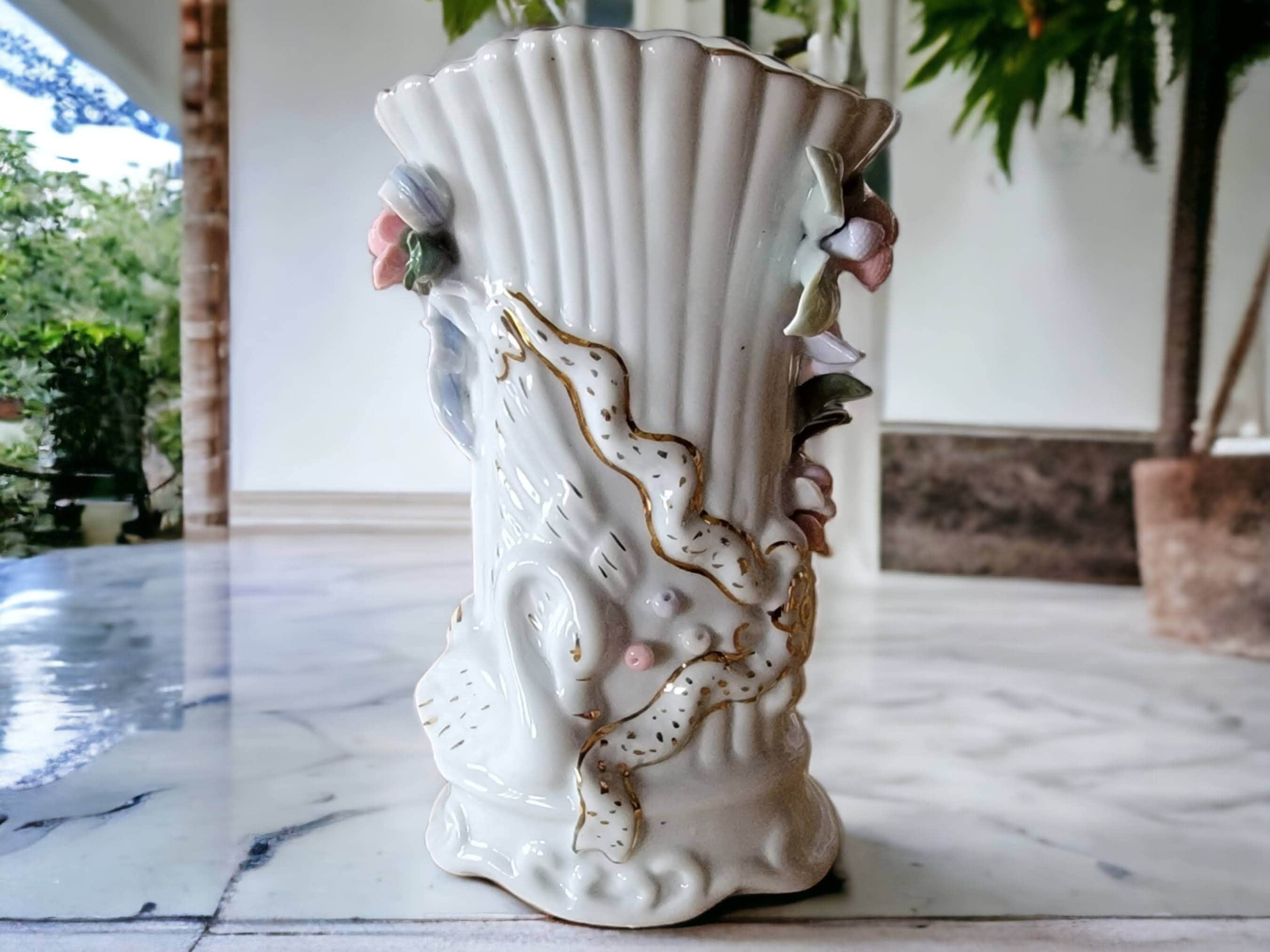 Vintage Porcelain Vase With 3 D Flowers White With Gold Accents Flower Vase Pink Flowers Collectible Table Decor Interior Decor