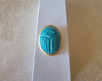 Ornk Egyptian Scarab Pin Brooch, Large Turquoise Colored Scarab Brooch, Egyptian Revival Ornk Scarab, Unique Brooch,