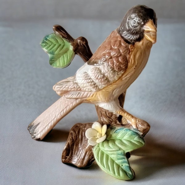 Vintage Porcelain Bird on Branch Figurine Lark Small Statue Hand Painted Collectible Made in Taiwan  5" Tall 1980s Gift