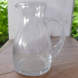 Vintage Small Glass Pitcher Clear Juice Jug Hand Blown Petite With Handle Water/Tea Collectible Kitchen Serving Barware