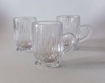 Vintage Clear Glass Mugs Cups Small Ribbed With Round Base Set of Three Barware Tea Coffee 4 OZ Collectible Unique Tableware