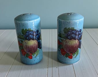 Vintage Blue Speckled Stoneware Salt and Pepper Shakers-Fruit Decal Farmhouse Kitchen Decor-USA Pottery 900 Ceramic Retro Shaker Set