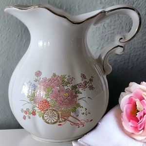 Vintage Jan-Mor Porcelain White Pitcher Floral Design Ceramic Milk Jar Gold Trim Vintage Kitchen Table Decor 5.5&quot; Jug Decorative