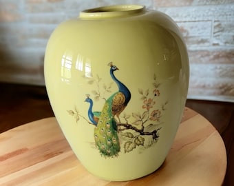 Small Asian Peacock Vase Vintage Yellow Small Vase With Peacock Design Yellow Peacock Ginger Jar Vintage Home Decor