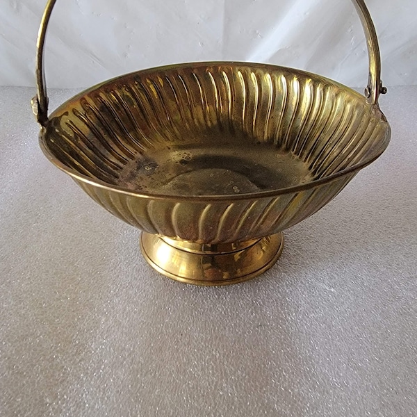 Solid Brass Basket With Folding Handle Pedestal Bowl Vintage Round Dish Trinket Jewelry Holder Swirl Design Collectible Made in India