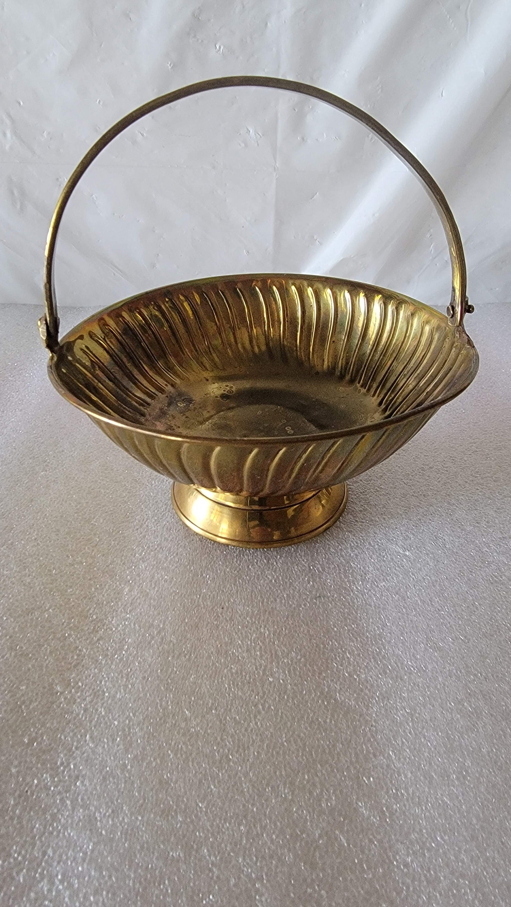 Solid Brass Basket With Folding Handle Pedestal Bowl Vintage Round Dish Trinket Jewelry Holder Swirl Design Collectible Made in India