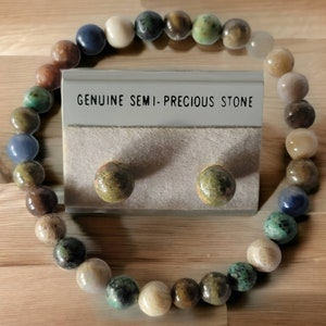 Indian Agate Multicolor Gemstones Chackra Bracelet and 1 Pair of Semi-Precious Stone Earrings Made in Taiwan Vintage Bracelet and Earrings