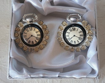 Vintage Clock Face Cufflinks Silver Toned Rhinestones Unique Cufflinks