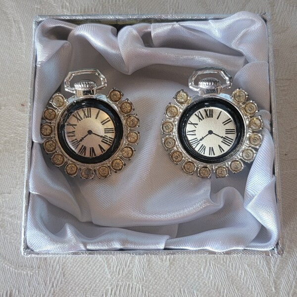 Vintage Clock Face Cufflinks Silver Toned Rhinestones Unique Cufflinks