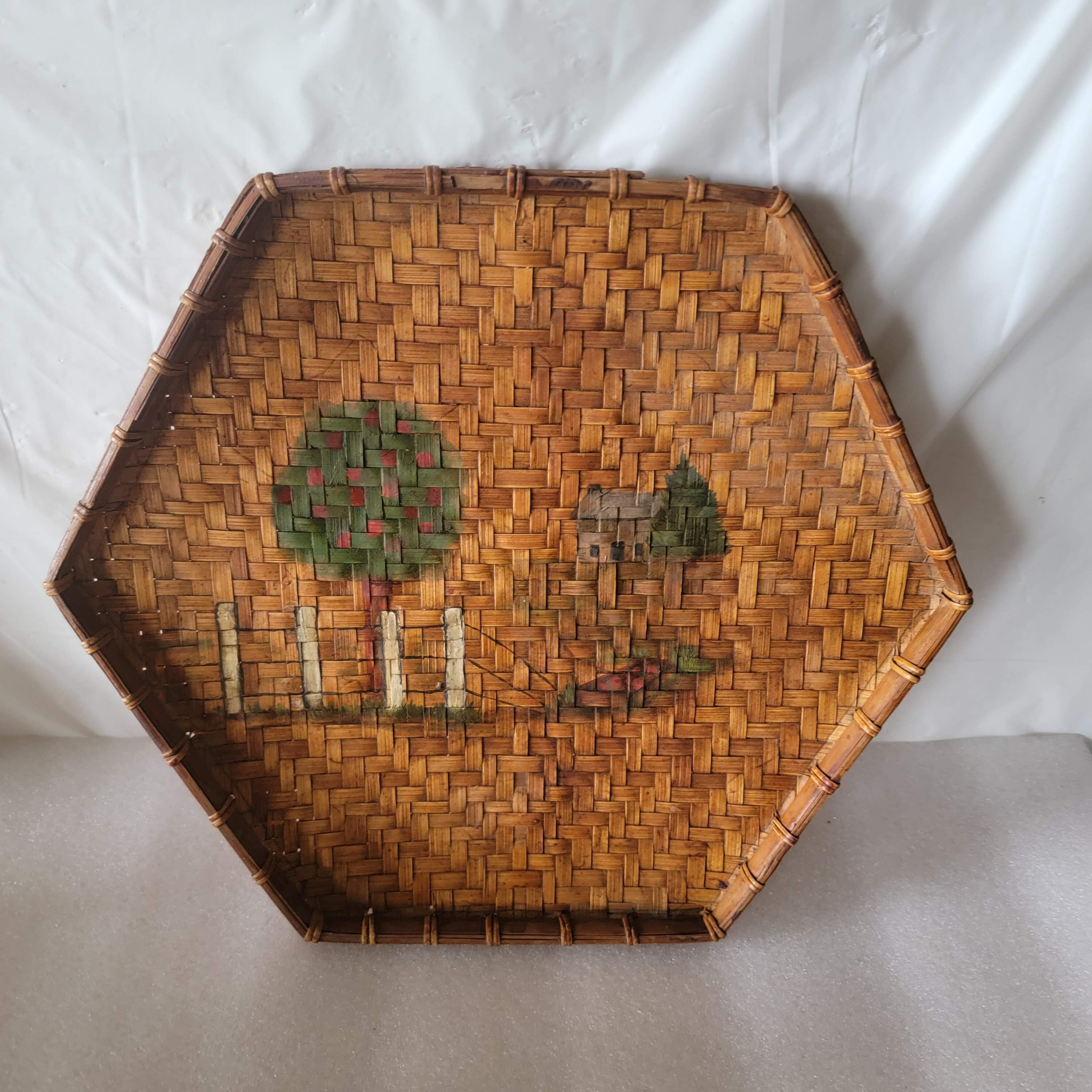 Vintage Chinese Bamboo Wicker Hexagon Tray Painted Apple Tree Farm 