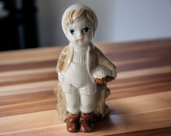 1980's Vintage Ceramic Boy With Berry Basket Figurine 3" Tall Glazed Little Boy Statue Made in Taiwan Comes in Original Box Collectible