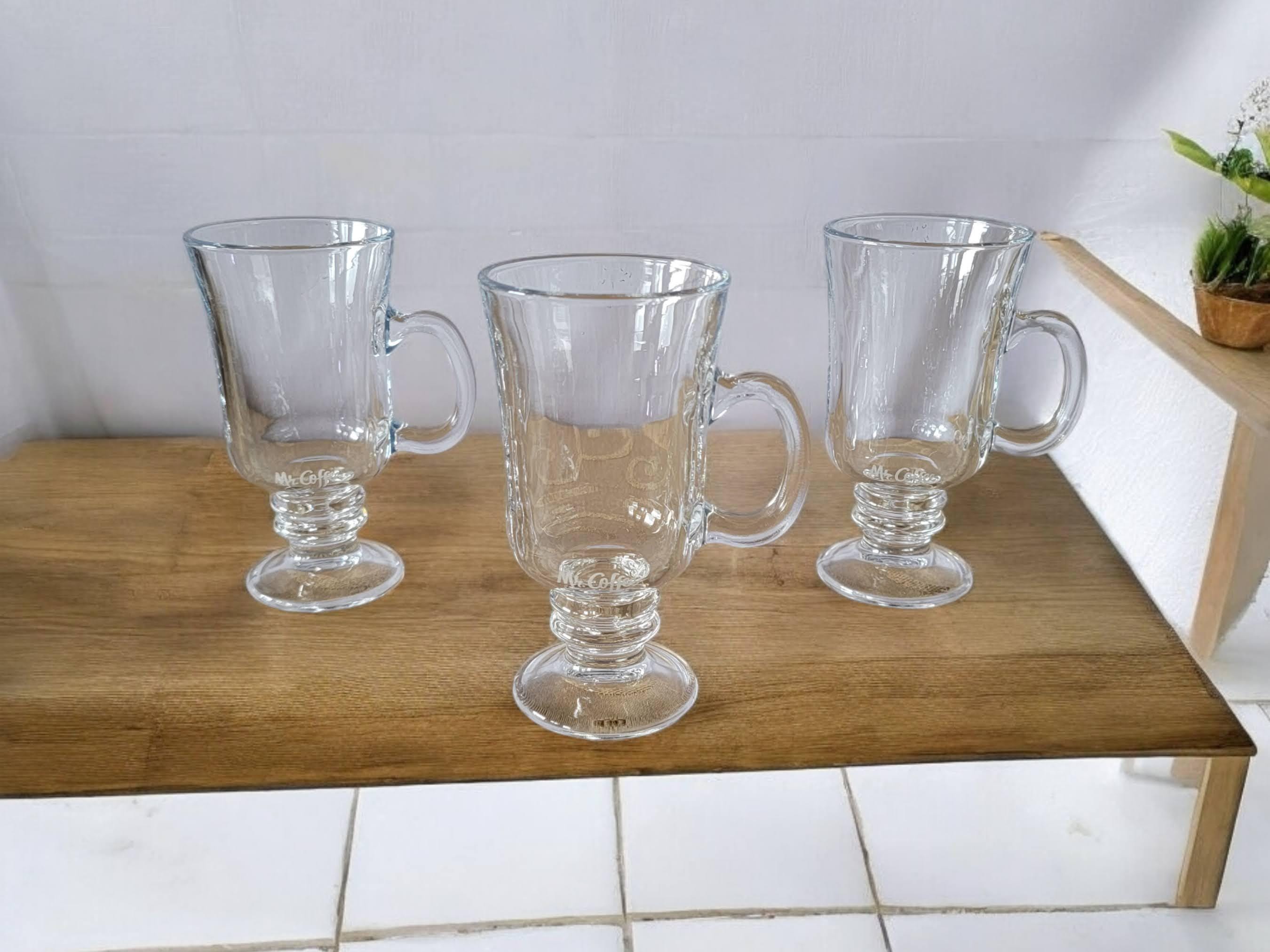 Glass Mr. Coffee Mugs Footed Irish Mugs Pedestal Set of Three Unique Dishes Drinking Cups Clear 5 1/2" Tall