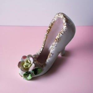 Vintage Porcelain Fine China High Heel Shoe Miniature Figurine Pink Gold Accents With Applied Flowers Vintage 1960 Decorative Collectible