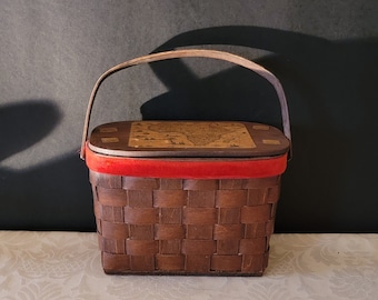 Vintage Wood Woven Basket/Purse Map of Africa and Stamps Lined With Red Fabric with Yellow Flowers