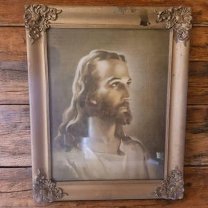 Testa di Cristo d'epoca, litografia incorniciata Warner Sallman, cornice in legno, Kriebel & Bates, 1941, copertura in vetro, opera d'arte cristiana, 21 1/2" x 17 1/2" di larghezza