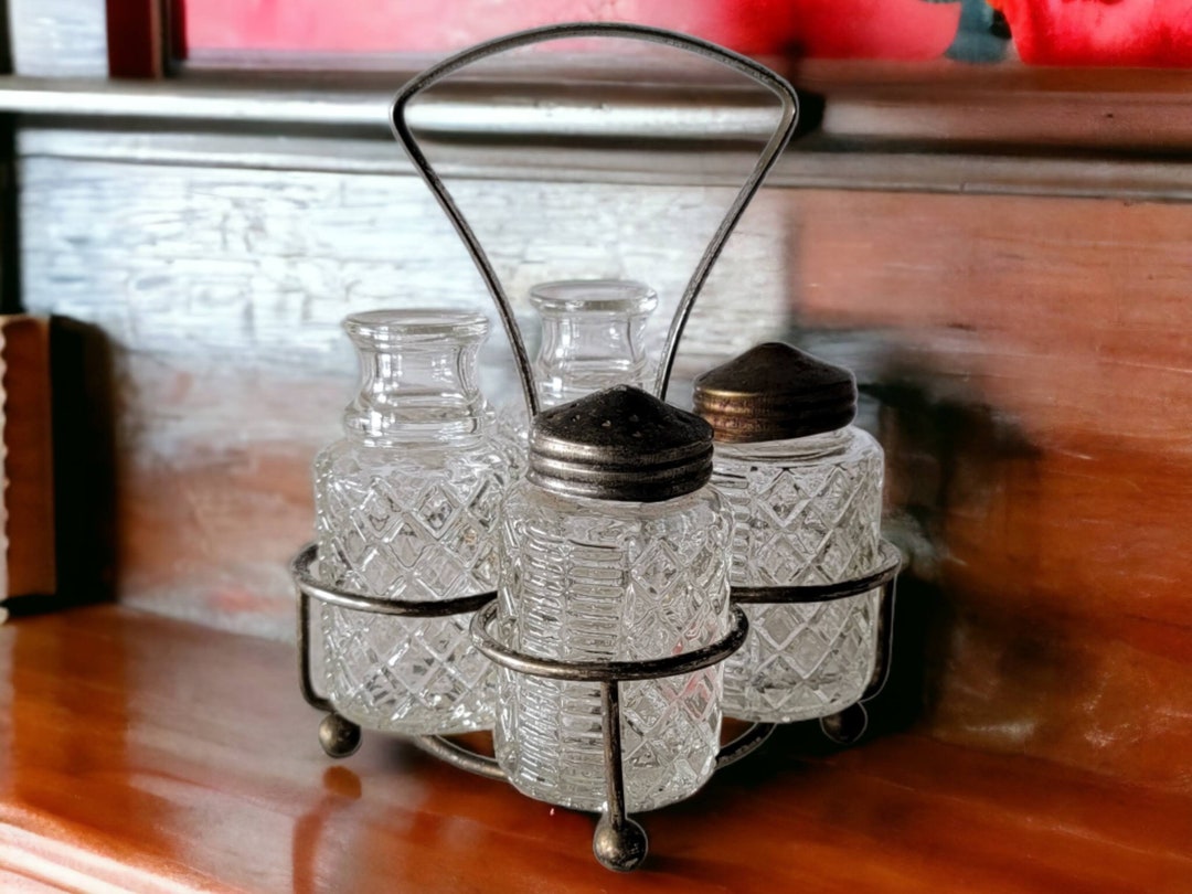 Vintage Crystal Cruet Set With Caddy Salt and Pepper Shakers Vinegar