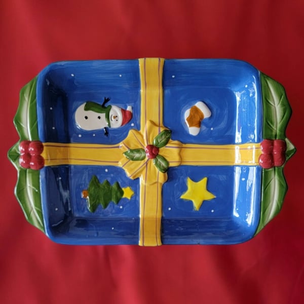 Beau Rivage Christmas Serving Platter Tray Ceramic Blue Christmas Present Design With Snowman Stocking Star Tree Vintage Holiday Tableware