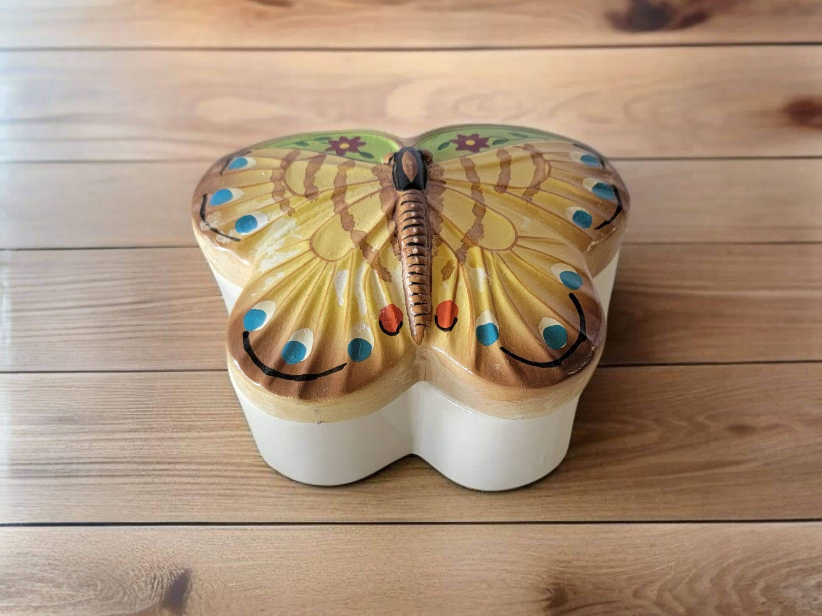 Vintage Butterfly Trinket Box Ceramic Yellow Hand Painted Jewelry