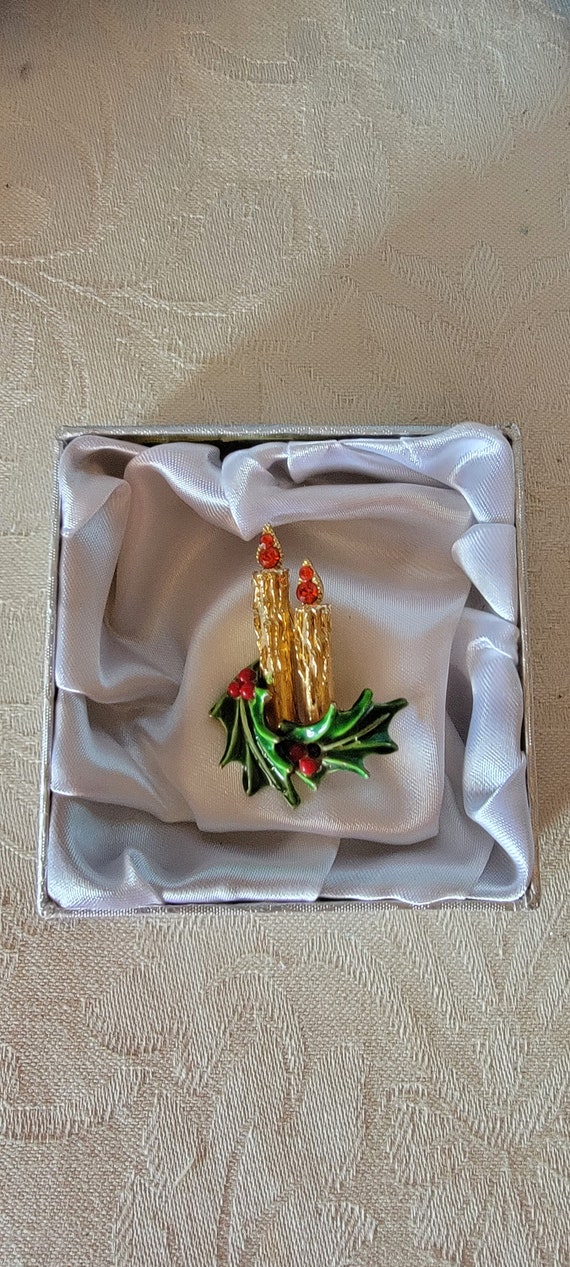 Vintage Art Rhinestone Christmas Candle Green Ena… - image 1