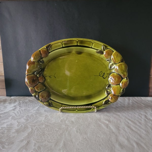 Vintage Los Angeles Pottery Green Platter Crackled Green Fruit Design Olive Green Platter