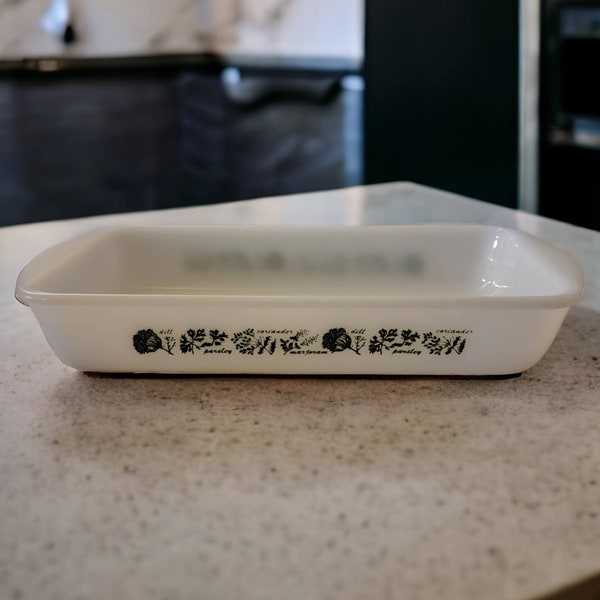 Glasbake Rectangle Casserole Dish White With Green Herb Design Milk Glass Baking Pan Vintage Cookware "Flaws"