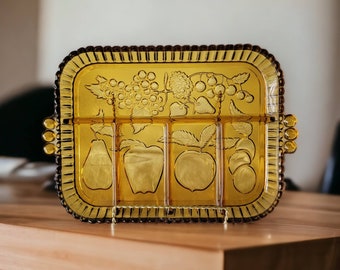 Indiana Glass 5 Part Tray Iridescent Gold Carnival Glass Fruit Tray Vintage Indiana Glass Fruit Design Tray Vintage Gold Glass Heavy Tray