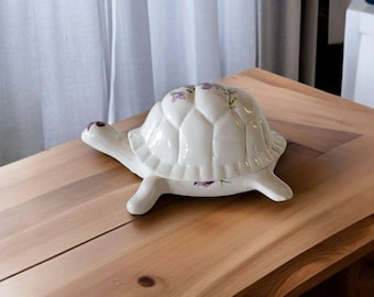 Vintage Ceramic Turtle Trinket Box With Purple Violet Design White Small Two Piece Unique Collectible Jewelry Holder Ring Dish Hand Painted